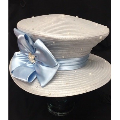 New Whittall And Shon Light blue Hat Blue Ribbon Pearls Derby Church Adjustable  eb-37122385